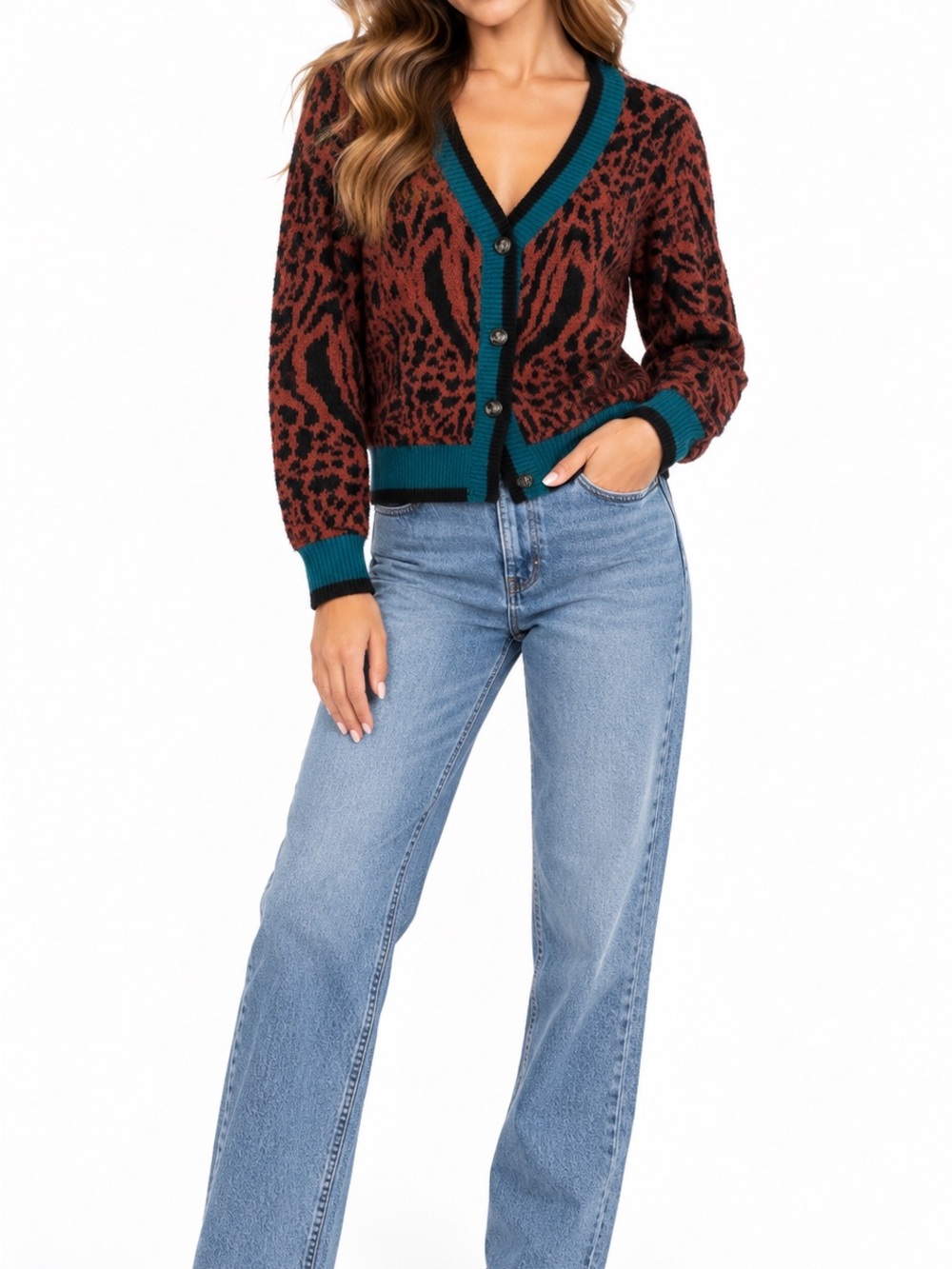 Jessica Simpson Animal Print Button Front Cardigan Sweater XS Teal Brown Black